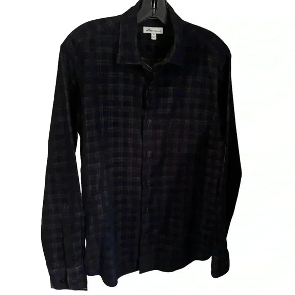 Peter Millar men’s micro corduroy button down shirt blue & tan plaid size M - Picture 1 of 10